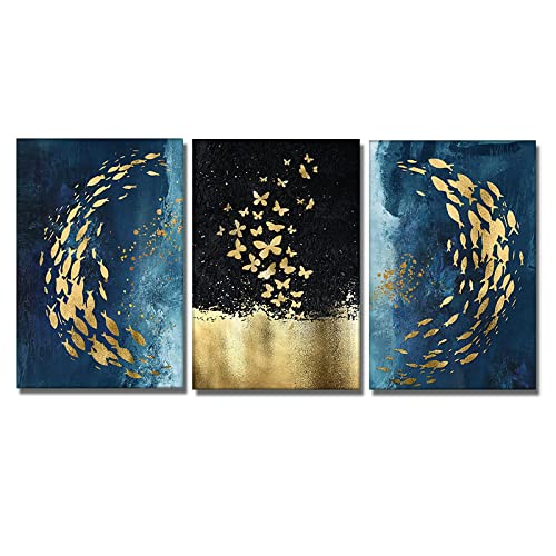 Art mural moderne nordique de prestige triptyque abstrait papillon et poisson