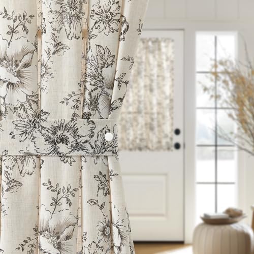 Image of jinchan Floral French Door Curtain Farmhouse Linen for Sliding Glass Door 40 Inches 1 Panel with Tieback Light Filtering Curtain for Window Patio Rod Pocket Black on Linen