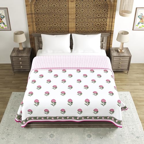 Image of BLOCKS OF INDIA 100% Cotton Dohar King Size Reversible Hand Block Printed Malmal Summer Dohar /Blanket (Pink Green Rose)