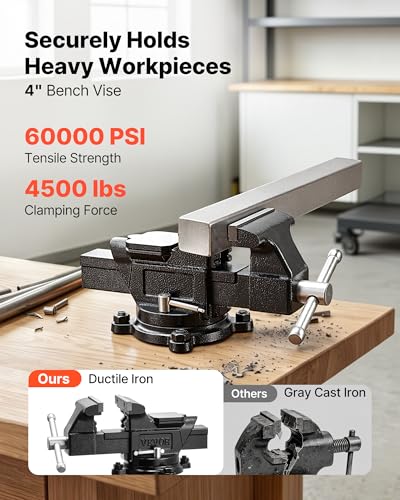 Image of VEVOR Heavy Duty Bench Vise, 4 inch Jaw Width, Multi-Purpose Ductile Iron Bench Vise with Anvil and 360-Degree Locking Swivel Base, 2.24 inch Throat Depth, 4.7 inch Max Jaw Opening, for Drilling, Pipe Cutting