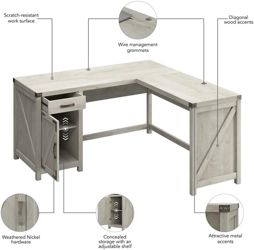 Bush Furniture L Shaped Desk with Drawer and Storage Cabinet | Cottage Grove Collection Corner Computer Table | 60WX60LX30H