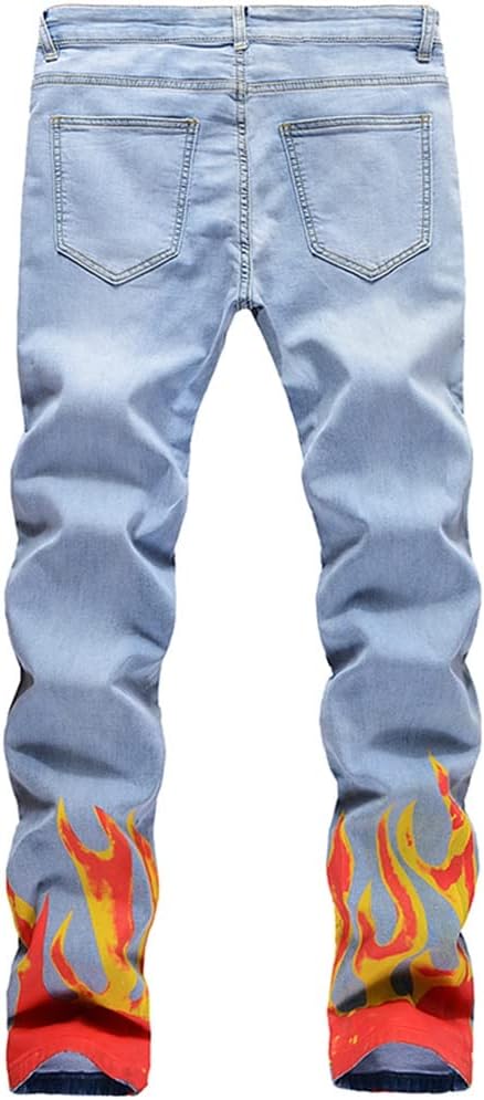 Men's Flame Print Jeans Snow Washed Light Denim Pants Slim Straight Trousers White