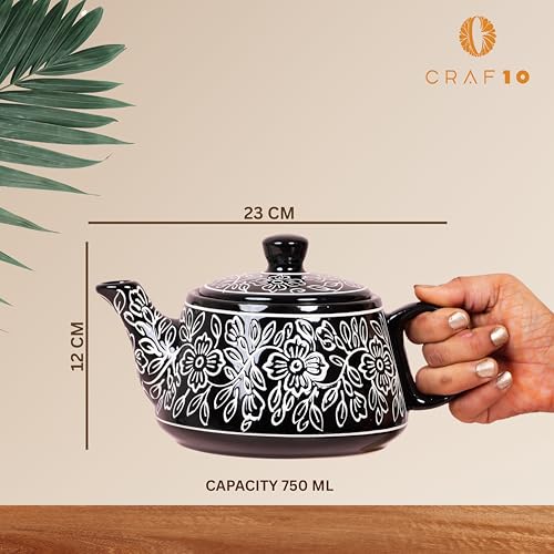 Image of CRAF10 Ceramic Hand Painted with Brush Black Desire Tea Morning Set - 1 Kettle (1 Litre) & 6 Cups (160 ML) | Microwave & Dishwasher Safe | Teapot | Tea Sets with Kettle for Gifting