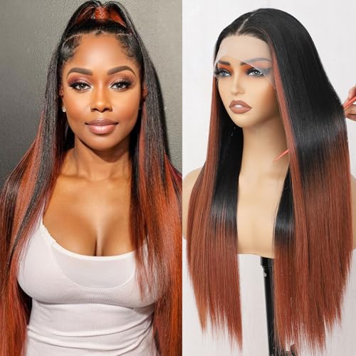 CLIONE Ombre Lace Front Wigs 24 Inch Long Straight Hair Wig For Black Women 2/30 Brown Ombre Highlight Straight Wigs Pre Plucked Synthetic HD Lace Front Wigs Wear and Go Glueless Wig for Beginners