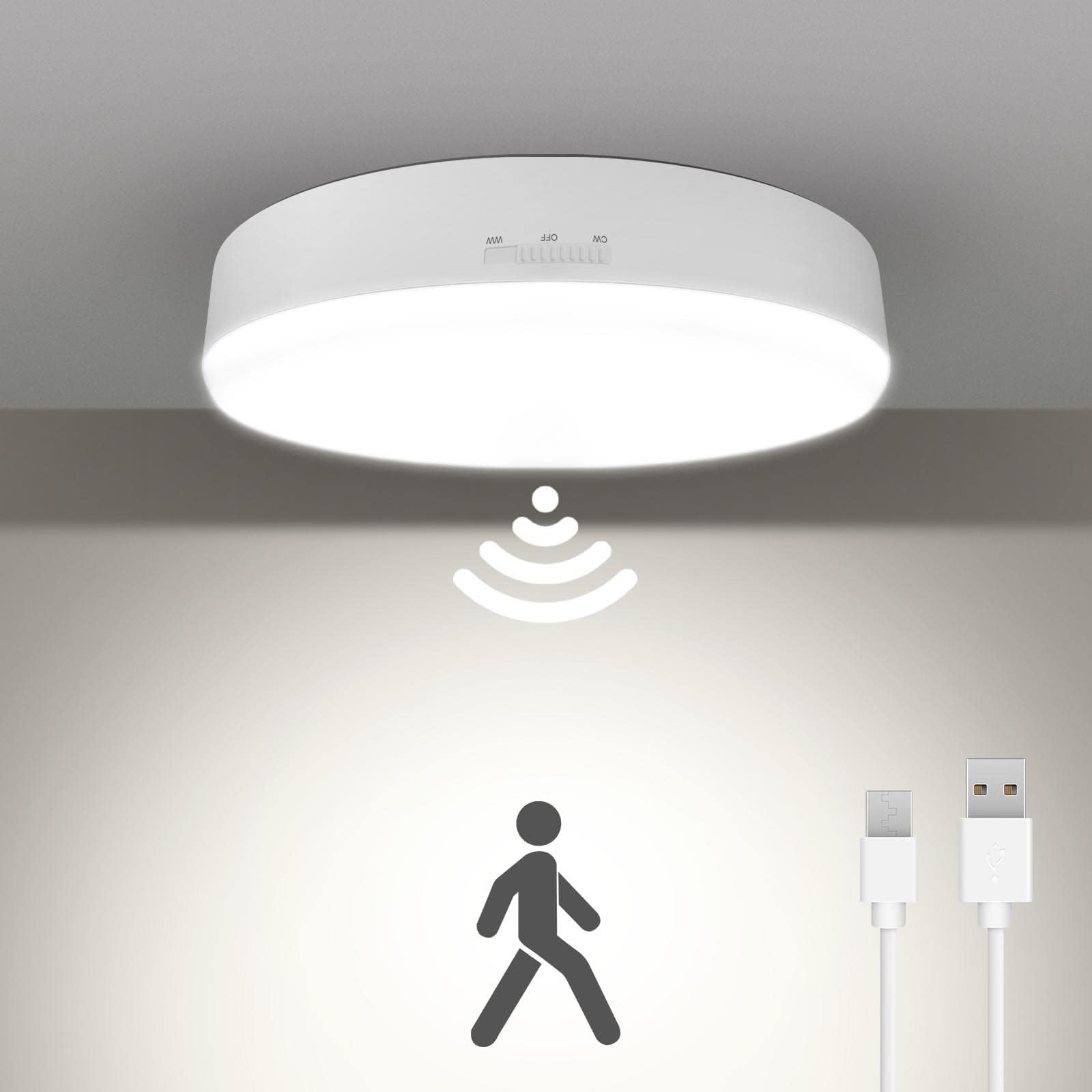 Yurnero Rechargeable Motion Sensor Light Indoor, Battery Powered Ceiling Light with USB Cable, 3000K/5000K, 300LM, 7.4 inch Lights Without Wiring for Closet Stair Pantry Basement Shed Laundry Garage
