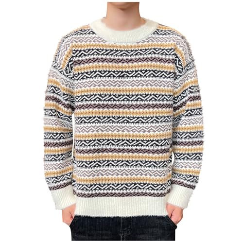 Cambkatl Men's Ethnic Style Striped Sweaters - Loose Fit Crewneck Casual Cable Knitted Pullovers Long Sleeve Jumper Tops3