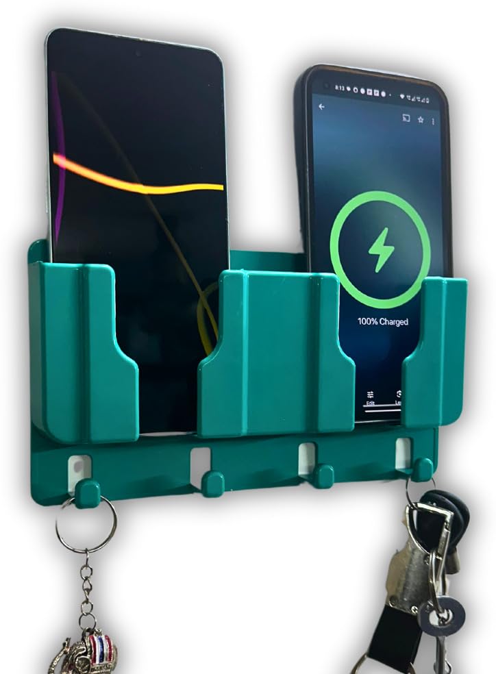 Wall Mount Mobile/Remote Stand with Space for 2 Mobiles & Key Hanger - Green Mobile Holder Wall Mount Mobile Stand New - Green-image-24