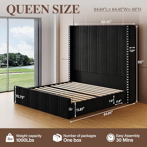 Smpath Queen Bed Frame with 65.75" Tall Headboard, Black - image 2
