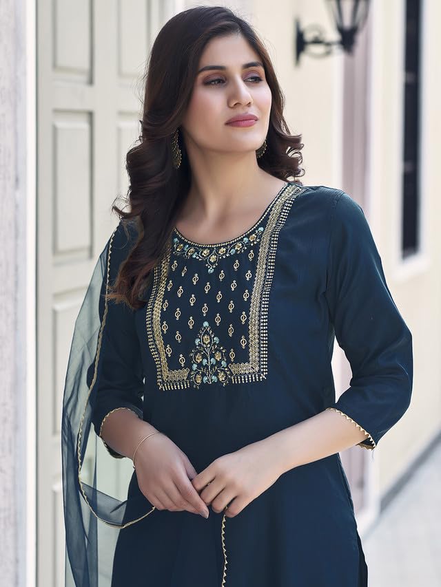 Sanisa Women's Art Silk Sequence Embroidery Straight Kurta Set With Dupatta (143Kbd1550N-Xxl_Sea Blue)