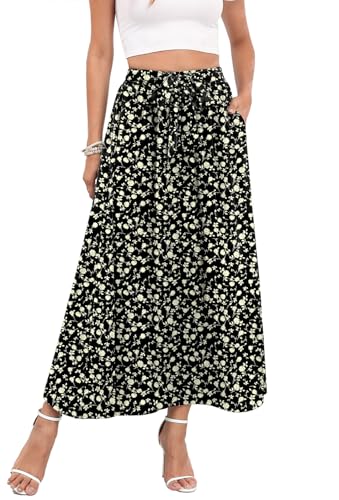 Askyes Womens Long Skirts Summer Beach Work Flowy High Waisted Dressy Maxi Skirts with Pockets,Black Rose,3XL