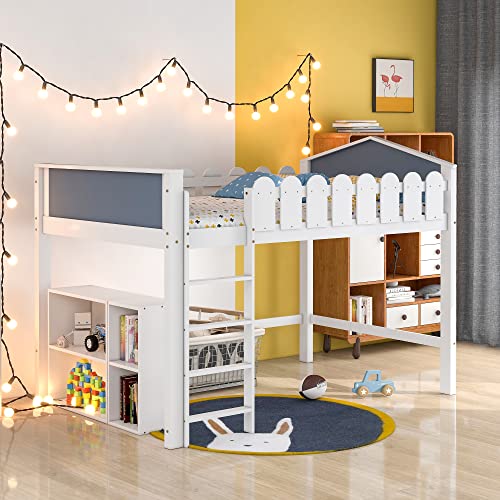 FEZTOY Hausbett mit Bücherregal & Treppe & Rausfallschutz & Lattenrost - Vielseitiges Kiefernholz Kinderbett Spielbett für Jungen & Mädchen - Massivholz Kinder Bett - 120x200 cm, Weiß Cover