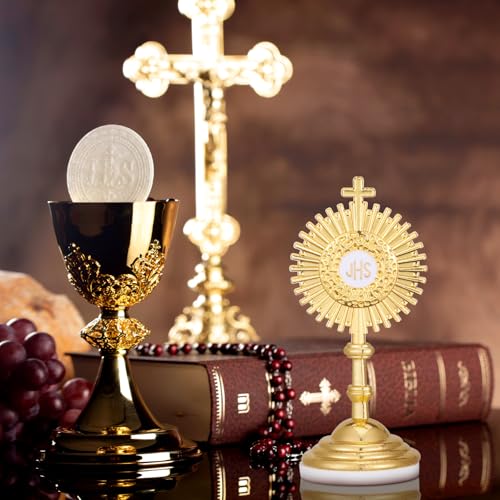 Image of Marsui 8 Pcs Standing Crucifix Mini Gold Cross with Base Metal Blessed Sacrament Catholic Monstrance 3.2 inch Jesus Christ Catholic Gift J-hs Cross Mini Table Decor for First Communion