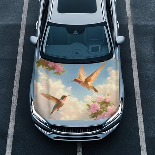 Image of Car Hood Cover Protector,All Weather Automotive Print Hood Covers for Cars,Universal Accessories for Decoration Hummingbird Pink Flower Print