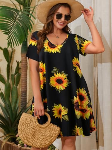 Image of ZENNILO Women's Plus Size Swing Dress with Pockets Casual Summer Dresses V Neck Short Sleeve T Shirt Dress for Women