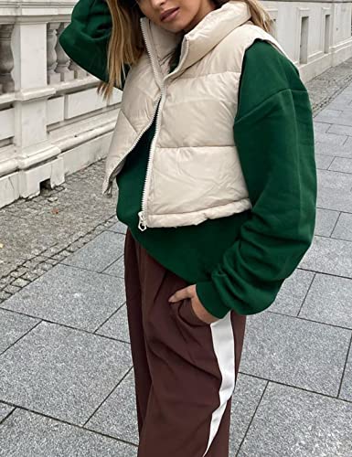 Yeokou Women's Cropped Puffer Vest Zip Up Stand Collar Sleeveless Outerwear With Pockets(Beige-L) #TOP2