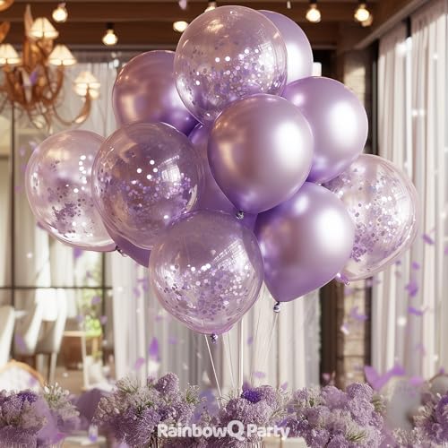 Image of RainbowQ Metallic Light Purple Balloons: 55Pcs 12 inch Chrome Lavender Confetti Balloon Lilac Latex Balloons for Birthday Anniversary Wedding Decoration