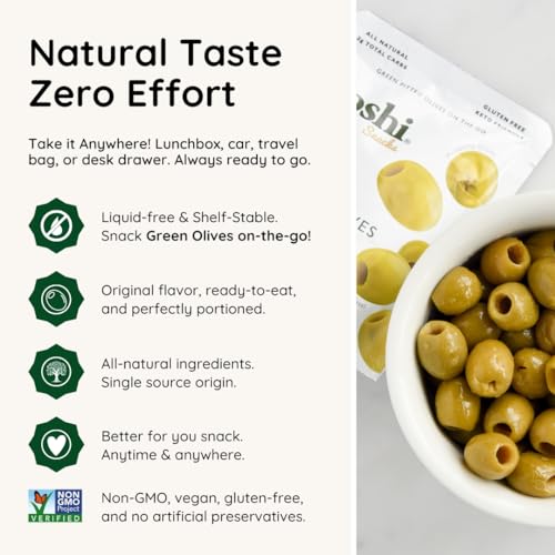 Image of Poshi Green Olives On-The-Go - Original Flavor - Single Serve Pitted Olives - Convenient and Healthy Snack Packs - All Natural, Non-GMO, Kosher, Gluten-Free (Original, 33 Ounce (Pack of 30))