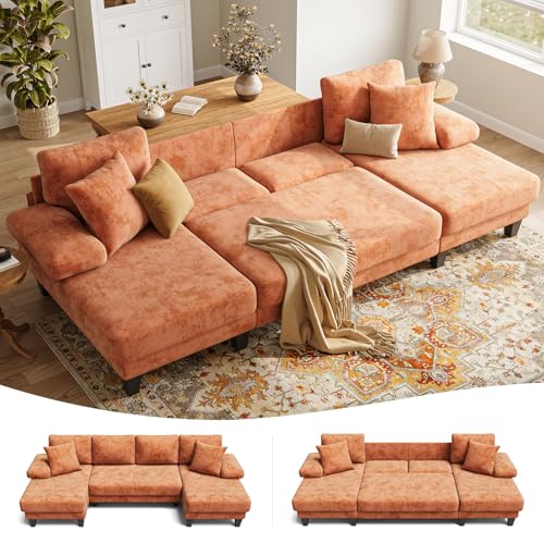 Txtins Sleeper Sofa with Pull Out Couch Bed | 112 Inch Couches for Living Room | U-Shaped Convertible Sofa Bed | Chenille Orange