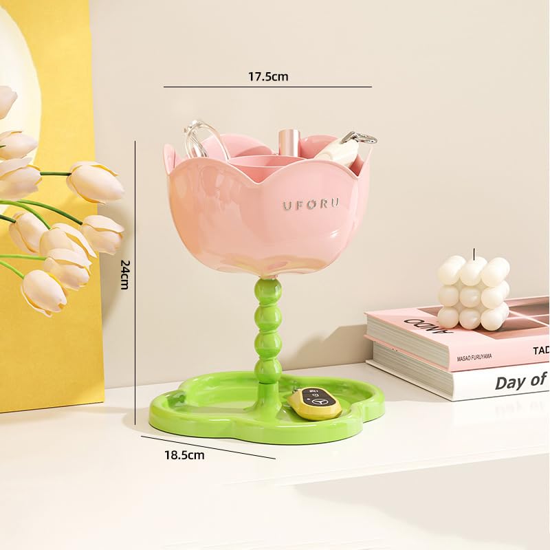 Porte-pinceaux de maquillage fleur rose pour une coiffeuse ordonnée