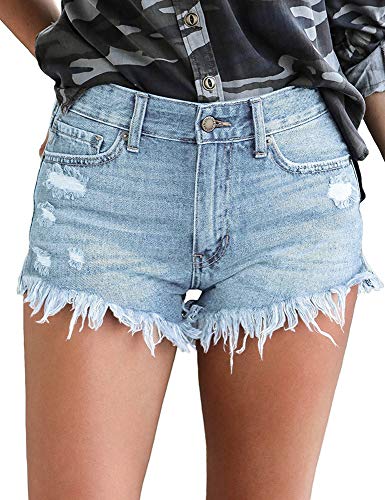 Vetinee Women's Light Denim Blue Casual Mid Rise Frayed Raw Hem Ripped Destroyed Denim Shorts Jeans Large (US 12-14)