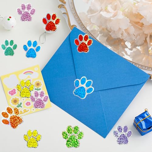 Image of 500Pcs Cute Dog Paws Vinyl Stickers Roll 1in Glitter Stickers 8 Colors Cute Dog Footprints Label Tag Self-Adhesive Classroom Reward Waterproof Decals for Bottle Birthday Party Decor