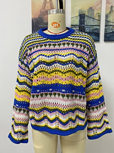 CORIRESHA Women's Y2K Colorful Stripes Crochet Sheer Long Sleeve Casual Knit Pullover Sweater4