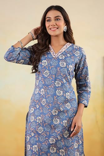 Image of Ichaa Women's Pure Cotton Embroidered V-Neck Ethnic Kurta with 3 /4th Sleeve for Daily and Office Wear, in Plus Sizes