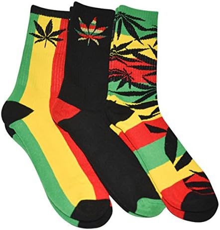 Mens Marijuana Leaf Socks Rasta Multicolored 3 Pairs, Size 6-12.5