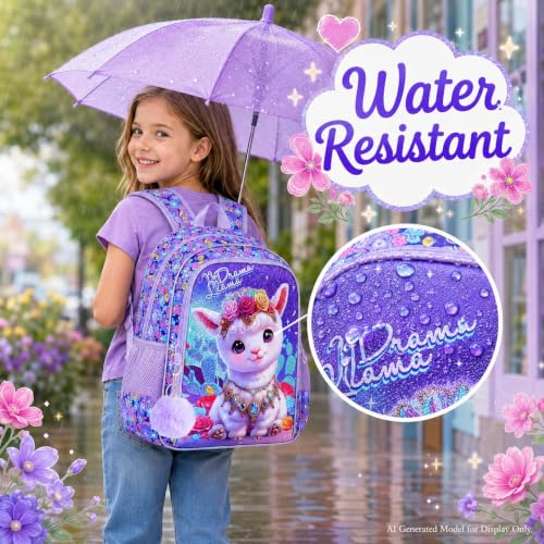 Image of AGSDON 3PCS Alpaca Kids Backpack, 16 inch Large Capacity Elementary Backpacks for Girls, Lightweight Toddler Schoolbag with Lunch Box