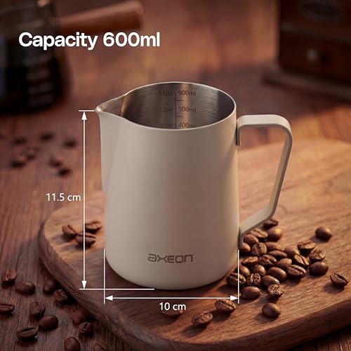 Image of Axeon Stainless Steel Milk Frothing Pitcher | Espresso Milk Frother Jug with Internal Scale & Matte Coating | V-Spout for Latte Art | Barista Steam Jug for Cappuccino & Coffee (White, 600ml /20oz)