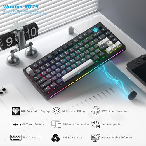 Image of Womier 75% Wireless Mechanical Gaming Keyboard with Knob & Display | Bluetooth 5.0 /2.4GHz /USB C Thocky Creamy Keyboard for PC Computer, 8000mAh Battery Hot Swap keyboard for Win /Mac (MT75-Grey)