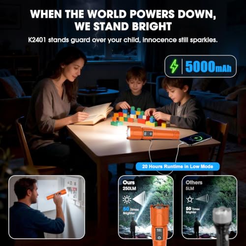 Image of Tactical Flashlight Super Bright High Lumens Rechargeable LED Flash Light | 5000ft Beam, 5000mah, 20H Long Lasting, USB C Charging, Zoomable 5 Modes, Waterproof for Camping Hiking Emergency Men Gift