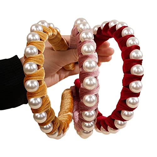 Wiwpar Aro de pelo de terciopelo con perlas, elegante banda de cabeza de perla antideslizante, accesorios para el cabello de moda para mujeres y niñas (rojo)