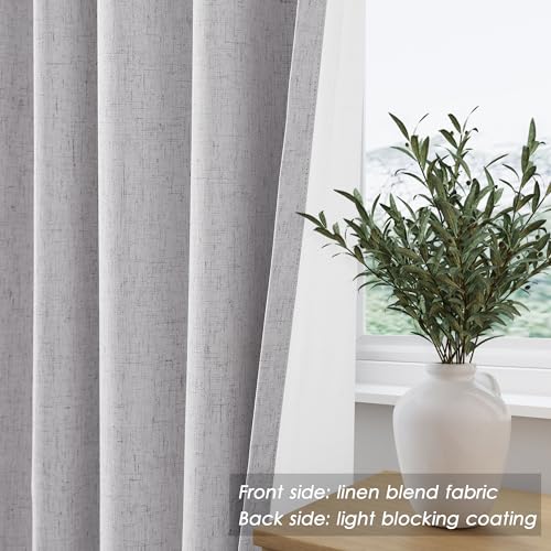 Image of Nanspring Light Grey 100% Blackout Linen Curtains 84 Inch Length 2 Panels Set for Bedroom Back Tab Modern Luxury Simple Black Out Curtain for Living Room Office Thermal Insulated Drapes 52x84