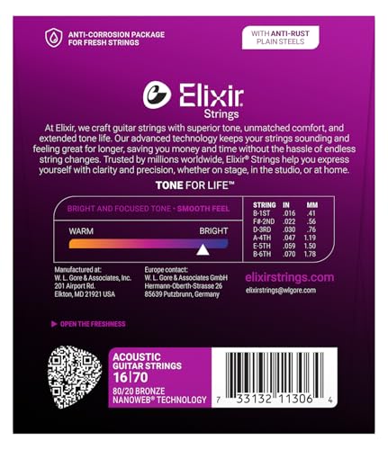 Image of Elixir Strings, Acoustic Guitar Strings, 80 /20 Bronze with NANOWEB Technology, Longest-Lasting Bright and Focused Tone For Life with Comfortable Feel, 6 String Set, Baritone 16-70