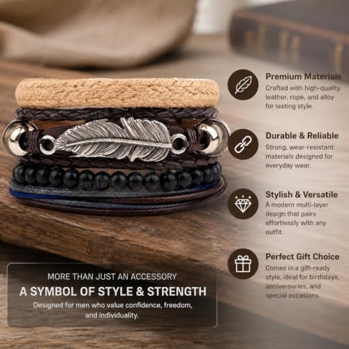 Image of Young & Forever Multi-Layer Leather Bracelet for Men | Adjustable Handmade Wrap Bracelet with Beads, Anchor, Evil Eye, Feather & Boho Charms | Vintage Punk Casual Wristband Gift for Men & Boys