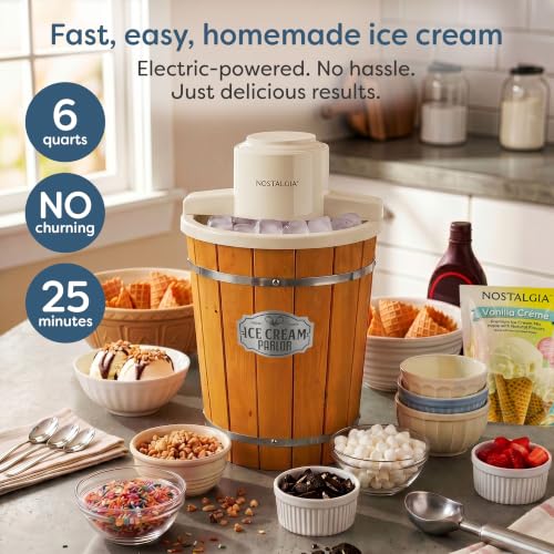 Image of Nostalgia Electric Ice Cream Maker With 6 Qt Capacity - Old Fashioned Ice Cream Machine Makes Frozen Yogurt or Gelato in Minutes- Vintage Wooden Style Ice Cream Maker with Aluminum Canister