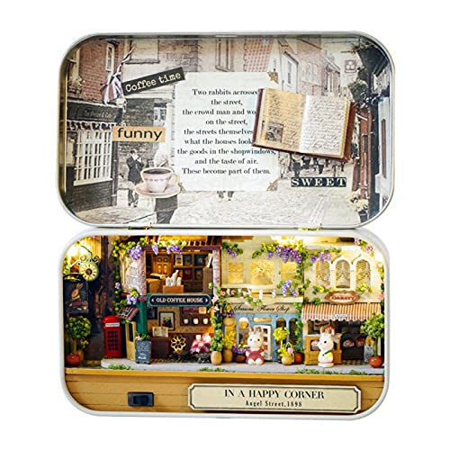 Box Dollhouse, Miniature House DIY Kit with LED Light Mini Iron Box Theater Model Old Time Theme for Decor and Gift(Street Corner)