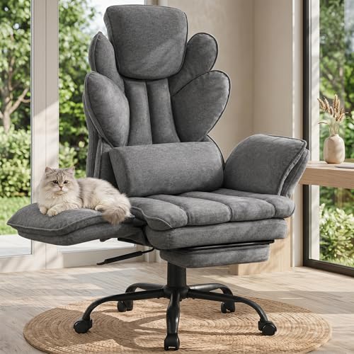 Image of Flip Armrests Criss Cross Office Chair, Reclining Office Chair with Foot Rest, Adjustable Headrest, Massage Waist Pillow, Cross Legged Big and Tall Desk Chair Wide Seat Vanity Chair, Grey Fabric