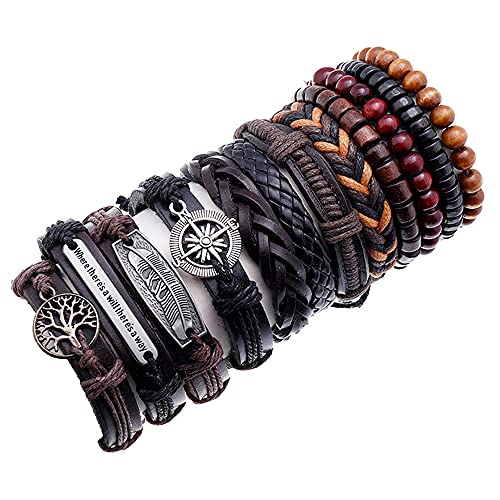 12Pcs Charm Leather Weaved Bracelets Set for Men Women Cool Braided Leather Wrist Cuff Bracelets Handmade Wooden Beaded Bracelets Ethnic Tribal Linen String Adjustable Bracelets