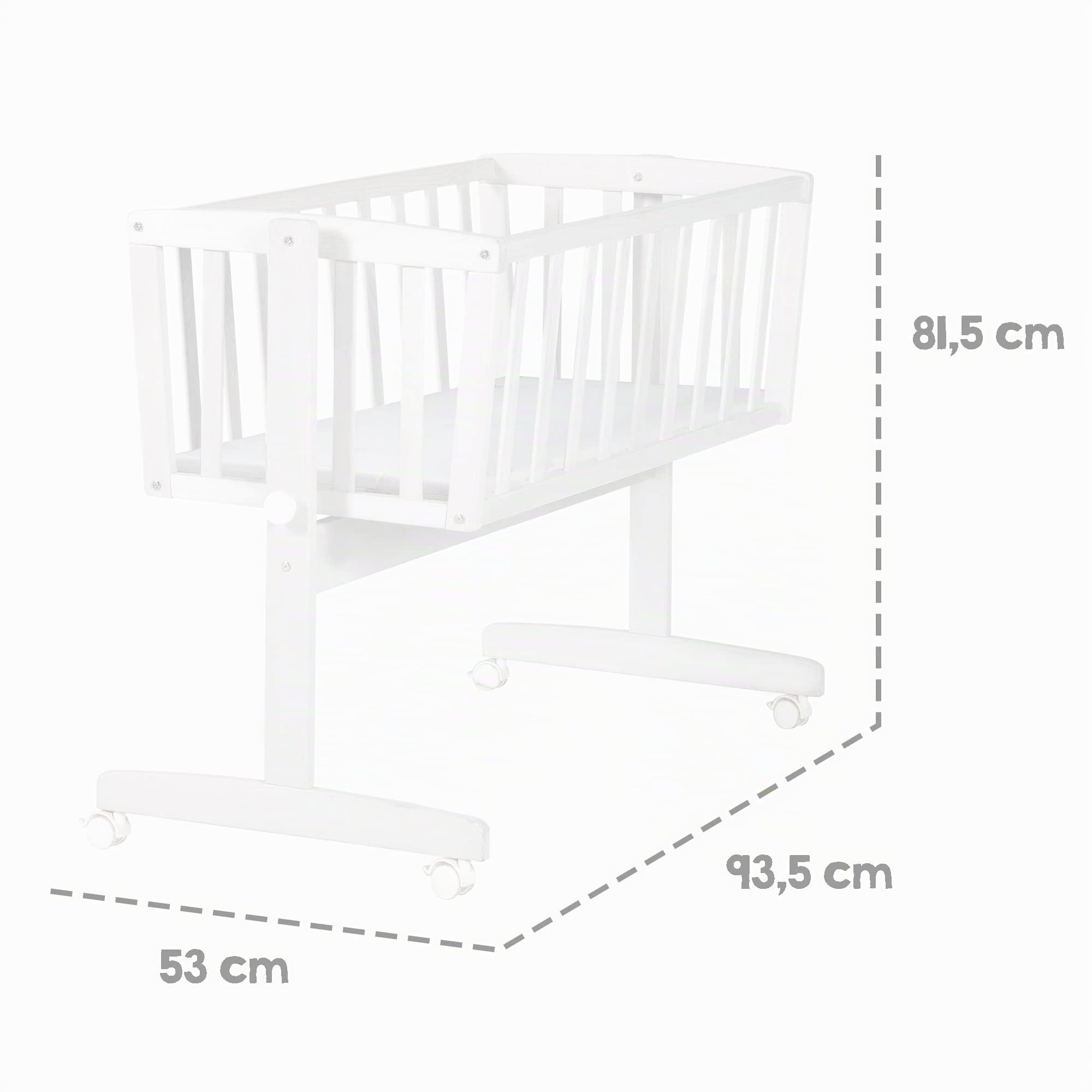 roba Berceau Bébé 40 x 90 cm + Matelas - Fonction Basculante avec Bouton de Verrouillage + roulettes avec Frein - Ensemble pour Filles et Garçons - Bois Blanc