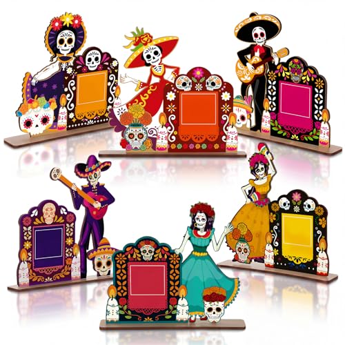 Junkin 6 Set Dia De Los Muertos Decorations Picture Frames Day of the Dead Altar Ofrenda Wooden Frames with Skull Candle Marigold Mexican Fiesta Skull Tabletop Display Decor for Halloween Party