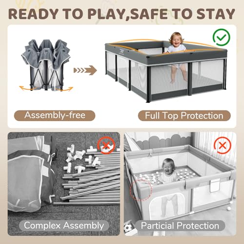 Image of 74x50 Foldable Baby Playpen with Mat - Portable Outdoor Play Yard, Grey