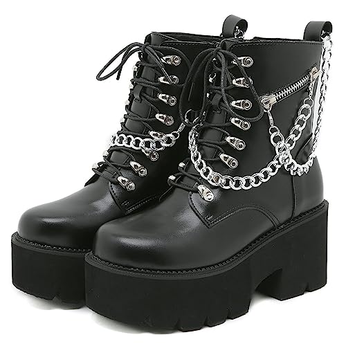 Image of Parisuit Womens Goth Patent Ankle Boots Platform Chunky Combat Boots | Lace Up, Gothic Boots, High Heel, Punk Short Booties, Buckle Boots, Chain Boots