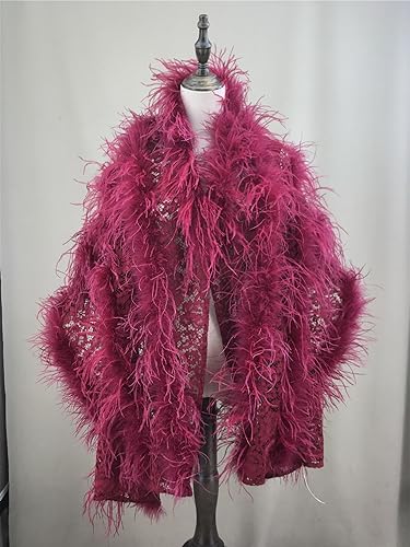 LVCOMEFF Women Lace Shawl With Ostrich Feather Layer Trimming Luxurious Holographic Sheer Mesh Cape Elegant For Party3