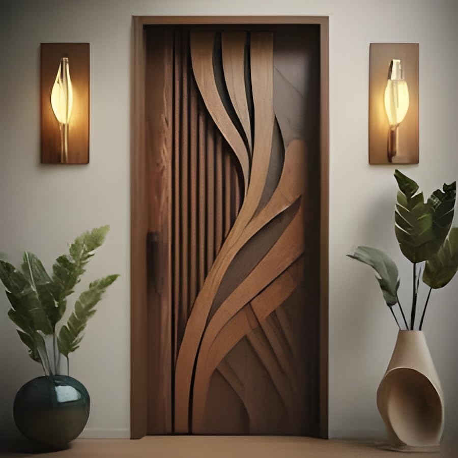 Image of MKH Hand Carved Pine Wood Entrance Fancy Wooden Gate for Home & Kitchen Unique Stylish Design with Teak Finish Brown 81x39 Inch (Only Door)