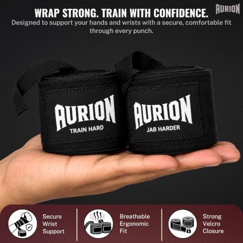 Image of Aurion 4.5 Meter Boxing Hand Wraps (180 Inch) | Professional Elastic Polyester-Cotton Handwrap for Boxing, MMA, Muay Thai & Heavy Bag | Durable Wrist & Knuckle Protection | Black (Pair)