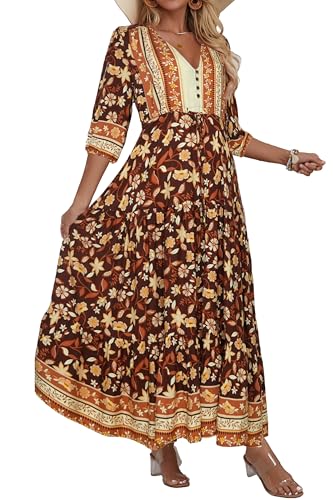 Image of Women Short Sleeve V Neck Floral Print Casual Bohemian Maxi Dresses