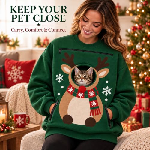 Womens Cat Pouch Hoodie Christmas Santa Dog Pouch Sweatshirts Pet Carrier - image 3