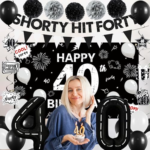 Image of Holkcog Black 40th Birthday Party Decoration for Women, Black Forty Birthday Cupcake Toppers, Banner, Number 40 Ballons, 40th Party Gifts, Glitter Cheers to 40 Years Old Happy Party Supply